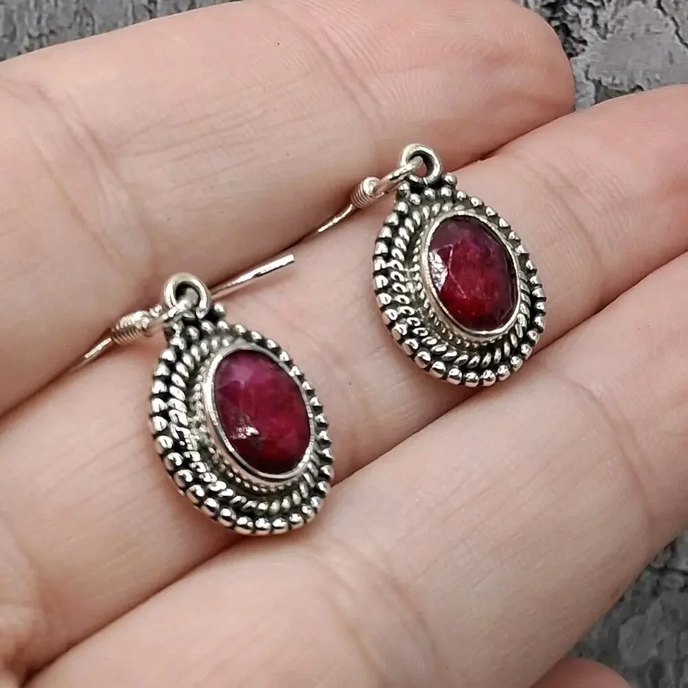 Sterling Silver Ruby Dangle Earrings 925 Bali Style Red Stone 1.25
